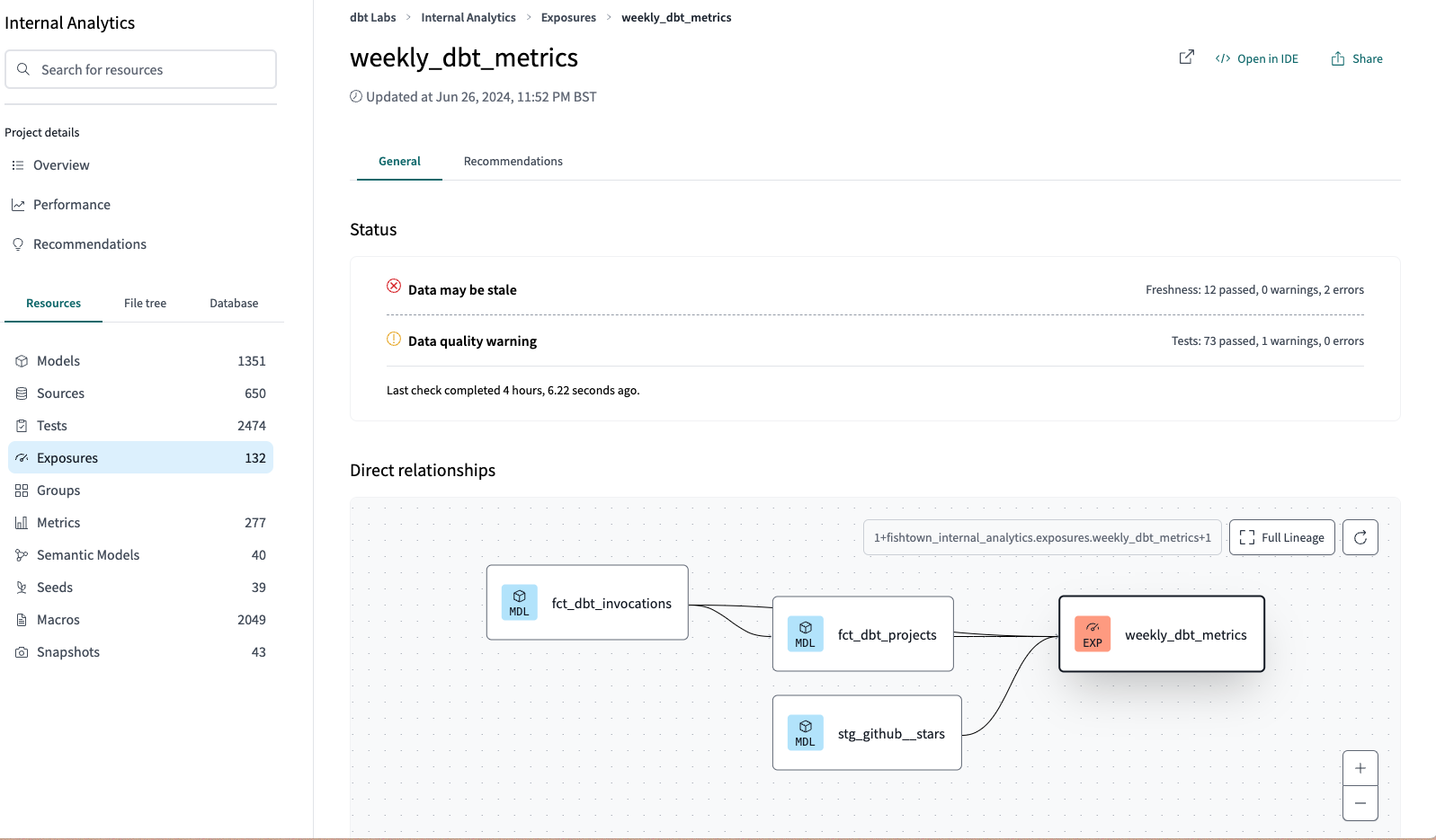 Exposures has a dedicated section, under the 'Resources' tab in dbt Explorer,  which lists each exposure in your project.